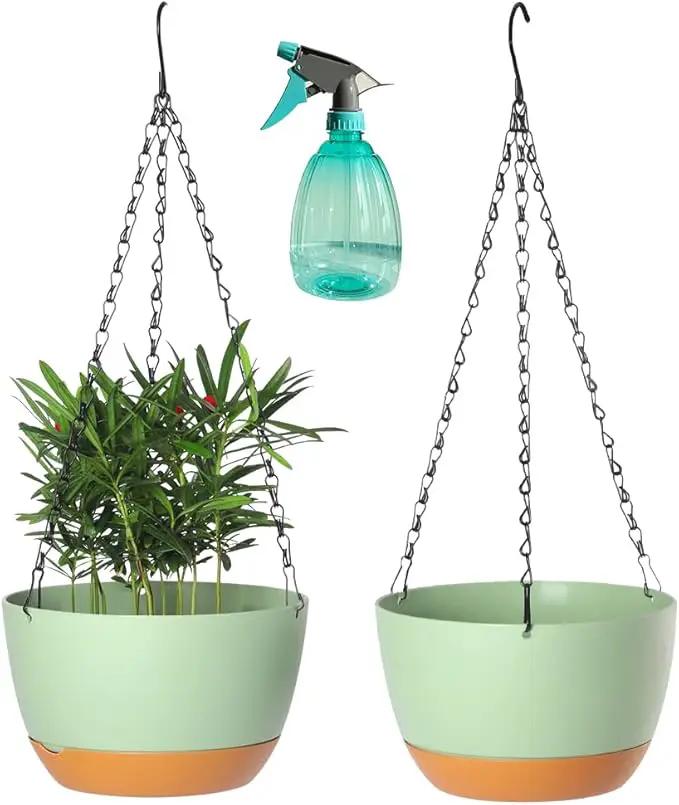 2 Pack Plastic Hanging Planters 10 Inch Hanging Pots with Drainage Hole for Indoor Outdoor Plants, Round Hanging Basket with Removable Tray for Home Garden Porch Balcony Patio Decor by GreenHaven Gardens