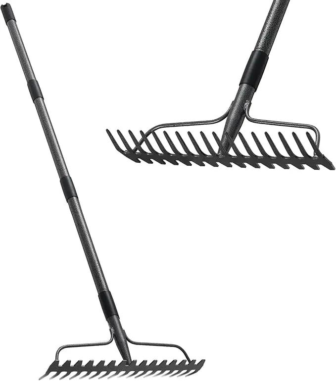 Bow Rakes for Lawns, 17 Prongs 17" Wide Heavy Duty Metal Garden Rake Long Handle 50", Adjustable Rock Yard Thatch Rake for Leaves Gardening Loosening Soil Mulch Gathering Leaf by GreenHaven Gardens