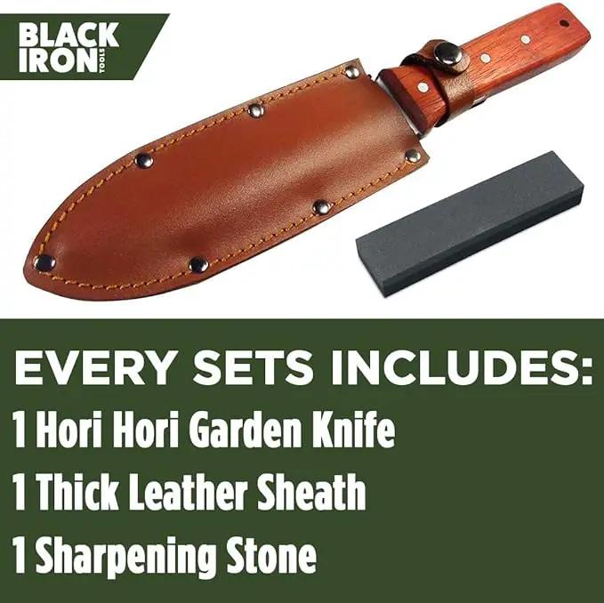 Black Iron Hori Hori Garden Knife [7 Inches, Japanese Stainless Steel] Durable Gardening Tool for Weeding, Digging, Cutting & Planting with Leather Sheath and Sharpening Stone by GreenHaven Gardens