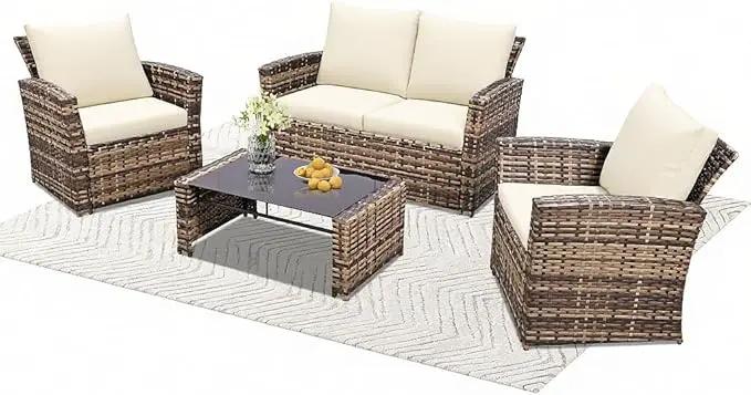 4 Piece Outdoor Patio Furniture Set,Wicker Conversation Sets Outdoor Sectional Patio Sofa Couch with Cushions & Coffee Table for Outside, Garden, Balcony, Porch,Yellow/Beige by GreenHaven Gardens