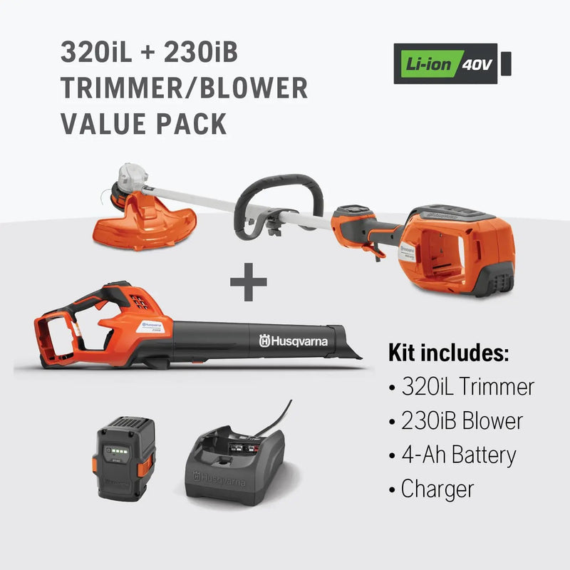 Husqvarna Weed Eater 320iL String Trimmer and 230iB Leaf Blower Bundle, Trimmer and Blower Combo with 4 Ah B140 Battery and 40-C80 Charger Included by GreenHaven Gardens