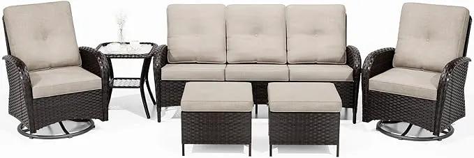 Joyside 6 Piece Patio Furniture Set, Outdoor Wicker Conversation Sets with Swivel Rocker Chairs and Sofa, Thick Cushion, Rattan Patio Sectional for Porch, Deck Use (Brown/Beige, 6 PCS) by GreenHaven Gardens