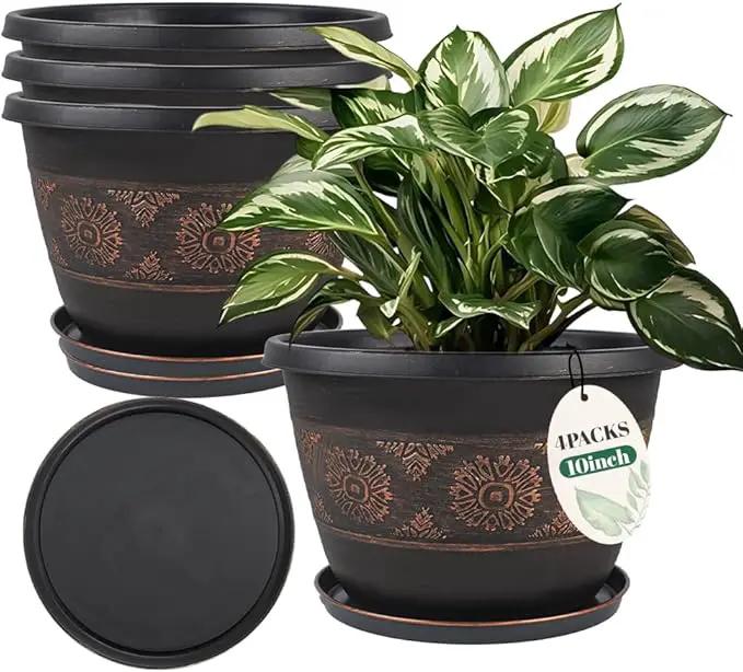 4 Pack 10 inch Plant Pots, Retro Pattern Planters with Drainage Holes and Saucer, Sturdy Plastic Garden Flower Pots for Indoor & Outdoor Plants by GreenHaven Gardens