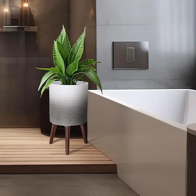 10 Inches Plant Pot with Stand, Large Modern Standing Planters with Drainage Holes for Indoor Plants, White&Gray Flower Pots with Legs by GreenHaven Gardens