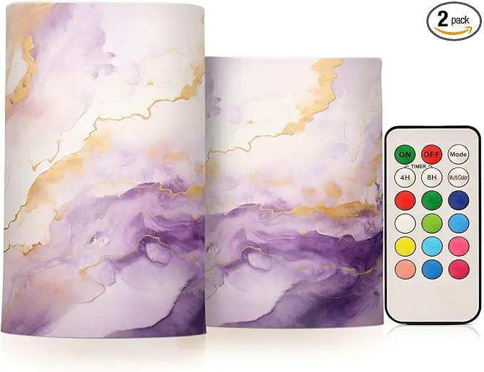 Flickering Flameless Candles, Purple Gold Marble LED Candles with Remote Timer, Set of 2 Battery Operated Candle for Valentine Wedding Birthday by GreenHaven Gardens