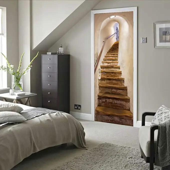 3D Door Stickers Murals - Stairs - Door Wallpaper - Self-Adhesive - Removable - PVC - Waterproof - Matt Finish - Modern - Beige by GreenHaven Gardens