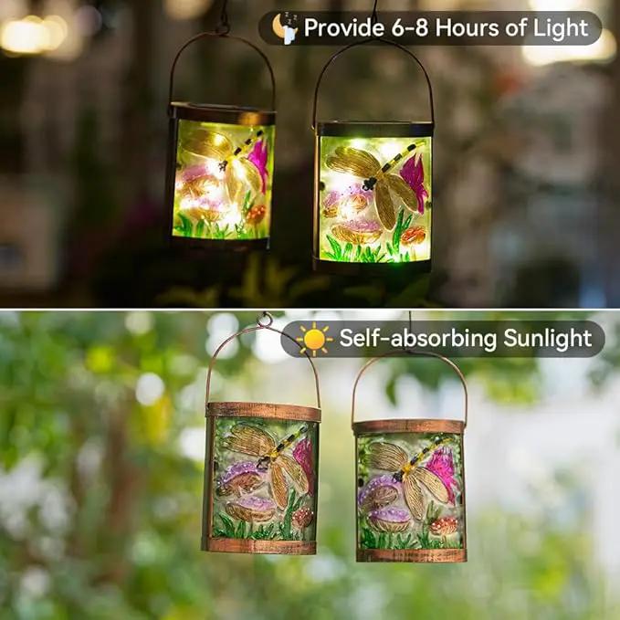 Starsoul 2 Pack Hanging Solar Lantern Outdoor Waterproof Glass Dragonfly Decorative Solar Lights for Outside Garden Yard Table Patio Decor by GreenHaven Gardens