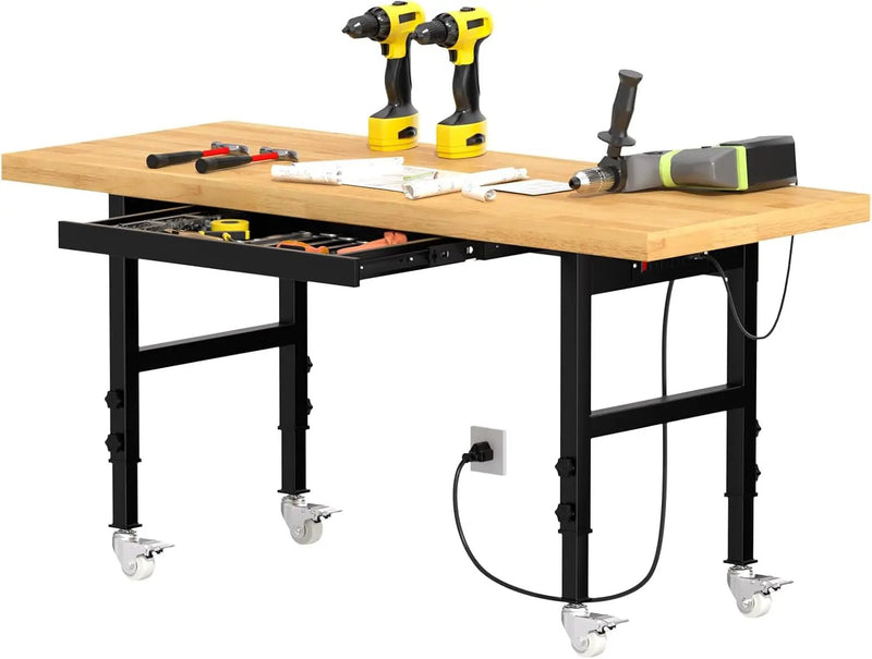Solid Wood 60" Work Bench with Wheels, Heavy-Duty Workbench with Drawers, Adjustable Height Work Table with Power Outlets, 2000 LBS Capacity Workstation for Garage, Workshop(60" X 24") by GreenHaven Gardens