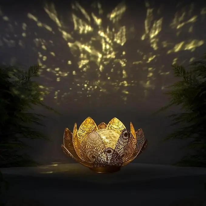 Solar Lights Outdoor Waterproof Lotus Flower Metal Yard Art Decoration Crackle Globe Glass Solar Lamp Garden Decor for Outside, Flowerbed Lawn Patio Porch Pathway Pond Decorations by GreenHaven Gardens