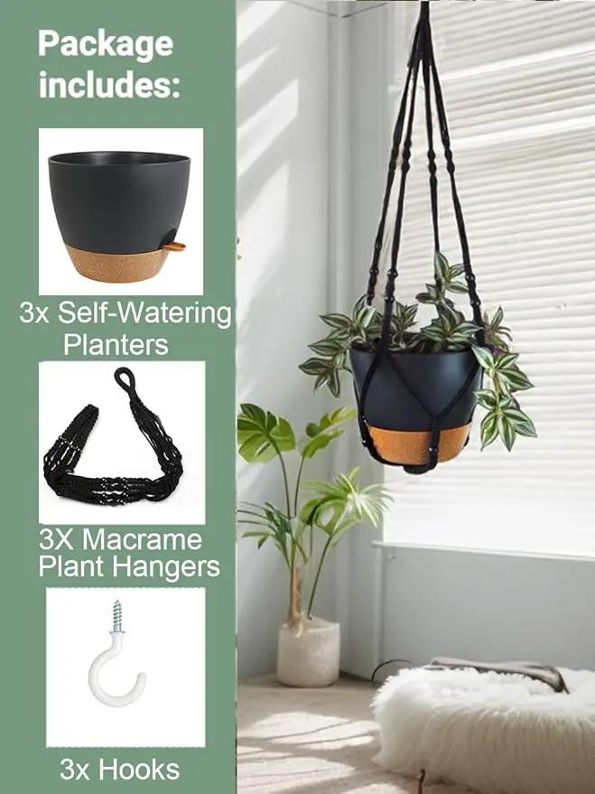 3 Pack Self Watering Hanging Planters Macrame Plant Hangers with Indoor Flower Pots, 3 Different Size Hanging Basket, Plant Hanger with Hooks for Garden Home Decor Black by GreenHaven Gardens