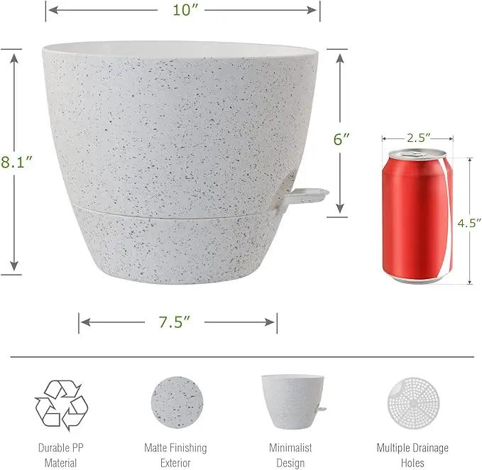 WOUSIWER 10 inch Self Watering Planters, 2 Pack Large Plastic Plant Pots with Deep Reservior and High Drainage Holes for Indoor Outdoor Plants and Flowers, Speckled White by GreenHaven Gardens