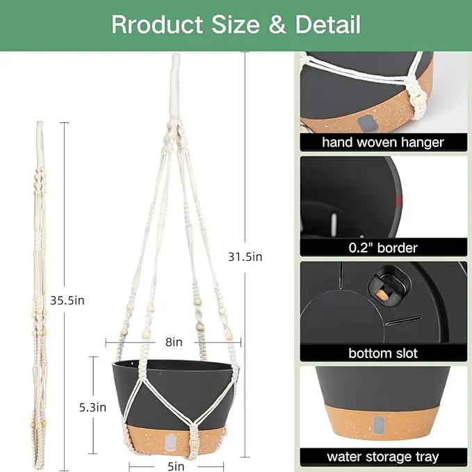 QCQHDU 2 Pack Hanging Planters for Indoor Plants, Outdoor Hanging Baskets, Self Watering Pots with Drainage Holes & Removable Tray (Dark Grey, 8 inch, Macrame Hanger) by GreenHaven Gardens