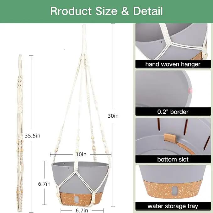 QCQHDU 2 Pack Hanging Planters for Indoor Plants, Outdoor Hanging Baskets, Self Watering Pots with Drainage Holes & Removable Tray (Light Grey, 10 inch, Macrame Hanger) by GreenHaven Gardens