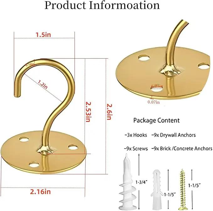 Ceiling Hooks for Hanging Plants- Metal Heavy Duty Wall Mounted Hangers for Hanging Bird Feeders, Planters, Wind Chimes, Include Professional Drywall Anchors (5 Pack) (Bright Gold) by GreenHaven Gardens