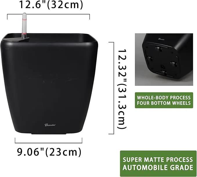 Dexceder 13x12 Self Watering Planter with Wheels Indoor Outdoor, Inner Mat Design, Thickened Large Floor Standing Flower Plant Pot with Water Level Indicator (Black Matte) by GreenHaven Gardens