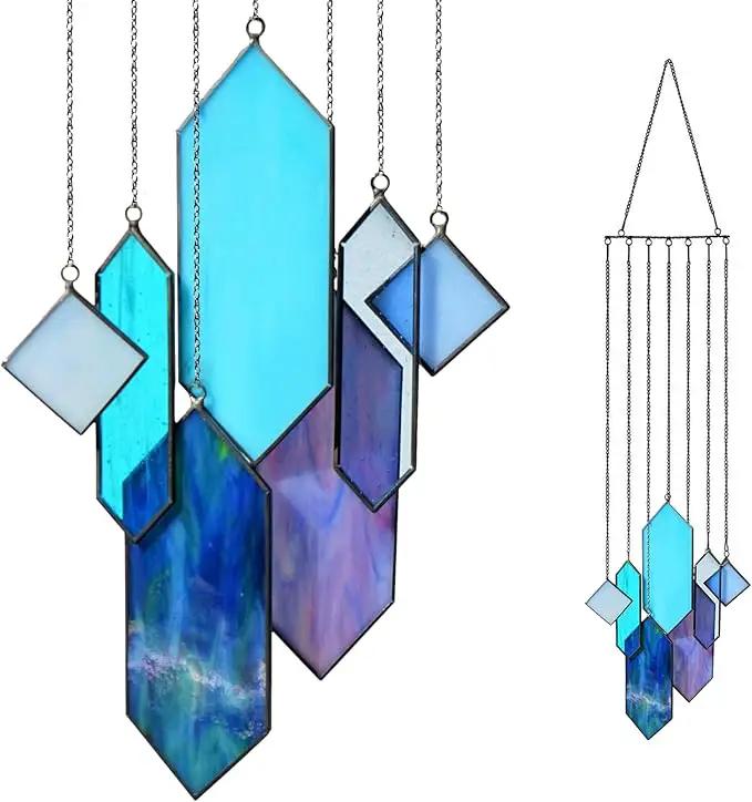 Stained Glass Window Hanging Sun Catcher - Blue Wall Art, Earth Tones Modern Design, Fully Assembled, Ready to Hang, Home or Garden Decor by GreenHaven Gardens