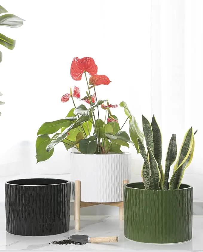 LaDoVita Ceramic Plant Pot with Stand, 10 Inch Planter with Wood Shelf, Modern Round Flower Pots Indoor with Wood Planter Holder, Black Water Ripple Pattern by GreenHaven Gardens