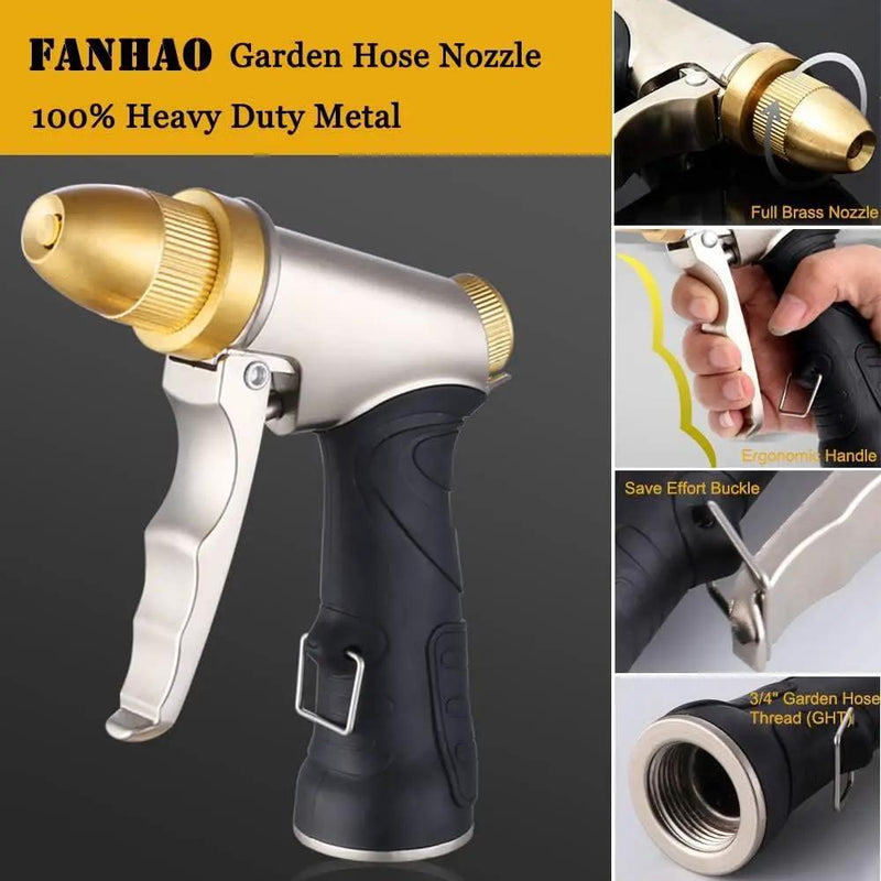 FANHAO Garden Hose Nozzle, 100% Heavy Duty Metal Spray Nozzle High Pressure Water Nozzle with 4 Patterns for Watering Garden, Washing Cars and Showering Pets - Full Brass Nozzle + ABS Non-Slip Grip by GreenHaven Gardens