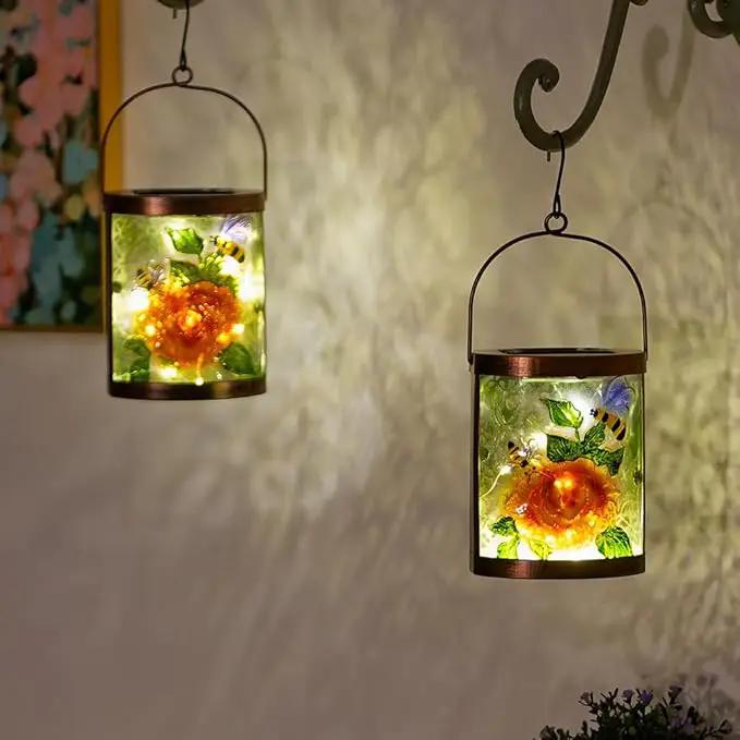 Starsoul 2 Pack Hanging Solar Lantern Outdoor Waterproof Glass Bee and Flowers Decorative Solar Lights for Outside Garden Yard Table Patio Decor by GreenHaven Gardens