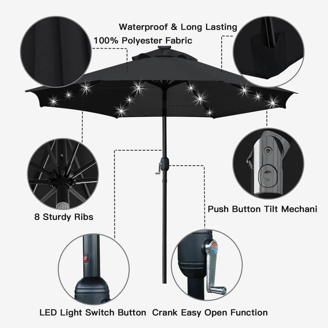Sunnyglade 9' Solar LED Lighted Patio Umbrella with 8 Ribs/Tilt Adjustment and Crank Lift System (Black) by GreenHaven Gardens