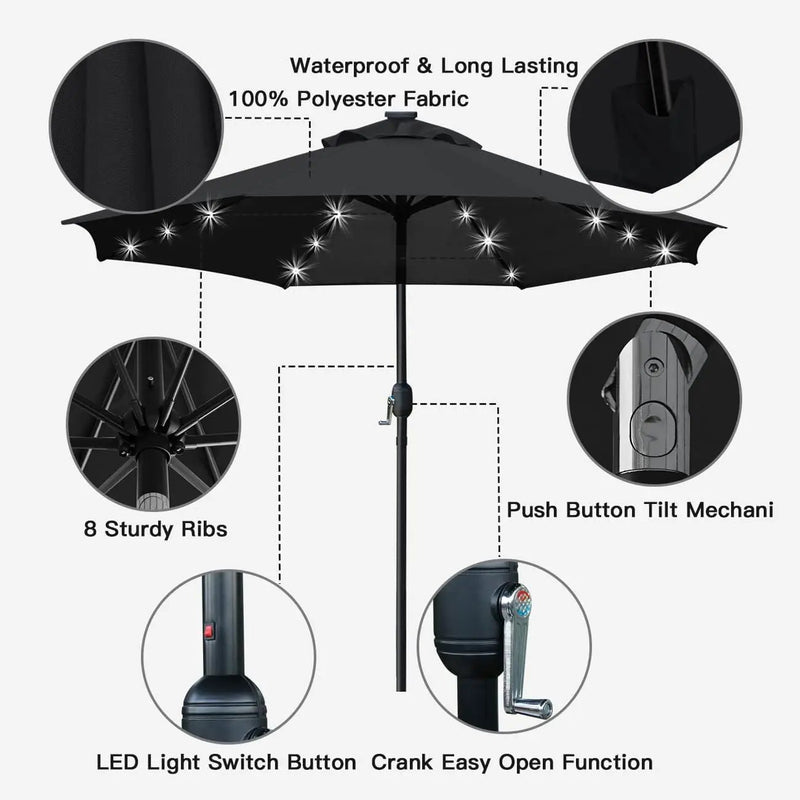 Sunnyglade 9' Solar LED Lighted Patio Umbrella with 8 Ribs/Tilt Adjustment and Crank Lift System (Black) by GreenHaven Gardens