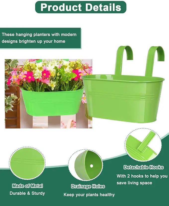 Metal Railing Planter for Outdoor Plants - 3 Pack Balcony Hanging Flower Pots with Detachable Hooks and Drain Holes Oval Bucket Rail Box Fence Planters for Home Garden Decor, Green Yellow Blue by GreenHaven Gardens