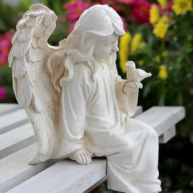Angel Garden Statue, Sitting Angel Sculpture, Resin Angel with Bird Figurine for Patio Yard Porch Lawn Outdoor Decor Home Shelf Sitter Memorial Spiritual Gifts by GreenHaven Gardens