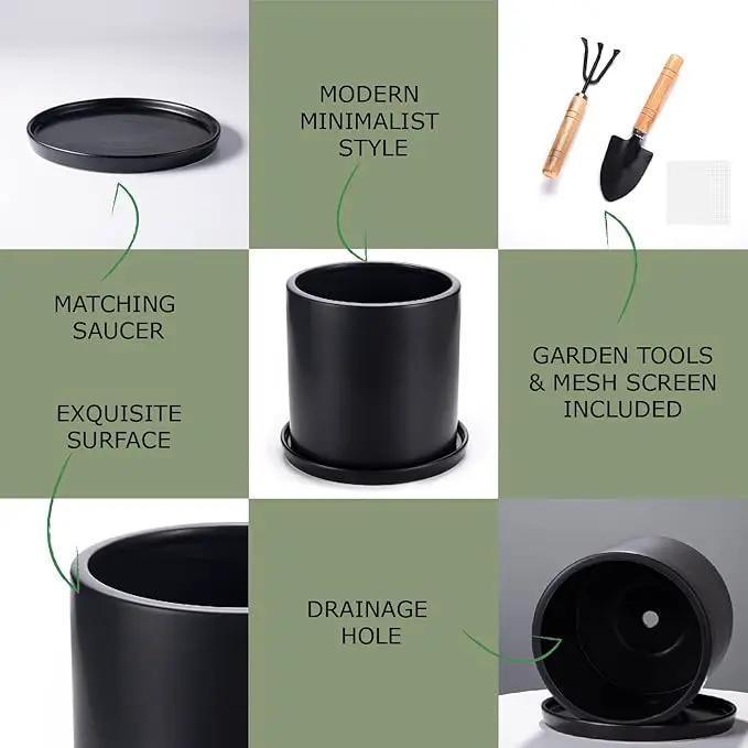 Plant Pots 10 Inch Ceramic Planter with Drainage Hole and Saucer, Matte Black Modern Cylinder Planter Pot for Indoor Outdoor Plants Flowers, Full Glazed Finish by GreenHaven Gardens