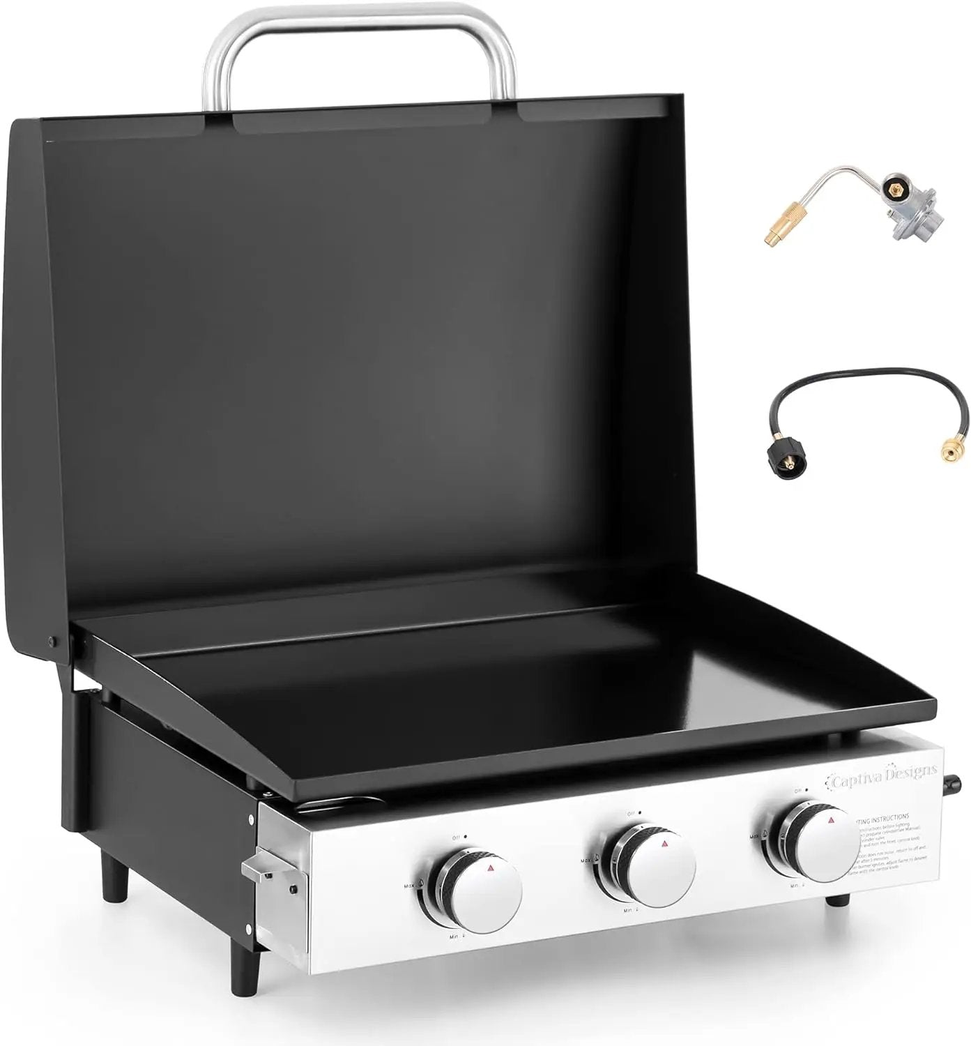 Captiva Designs 22 in Flat Top Grill with Ceramic Coated Cast Iron Pan, Portable Tabletop Propane Gas Griddle Grill for Camping, Outdoor & Tailgating Barbecue, 24,000 BTU Output, 3 Burners by GreenHaven Gardens