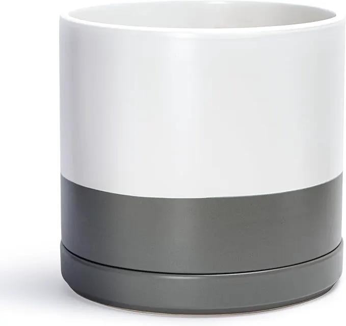 D'vine Dev 14 Inch Ceramic Planter Pot with Drainage Hole and Saucer, Indoor Cylinder Round Planter Pot, White/Speckled Grey, 94-O-G-6 by GreenHaven Gardens