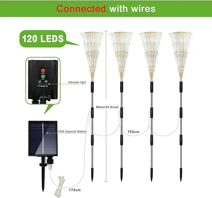 Solar Outdoor Warm White Garden Lights, 4 Pack Firework With 120 LED Starburst String 8 Modes Fairy With Remote, for Wedding Christmas, Lawn Backyard Party Patio Decoration by GreenHaven Gardens