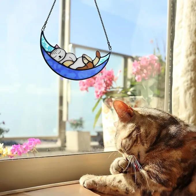 BOXCASA Sleeping Cat Stained Glass Windown Hanging,Cat on Moon Beautiful Handcrafted Sun Catcher Gifts for Daughter,Mothers Day,Christmas and Cat Lover by GreenHaven Gardens