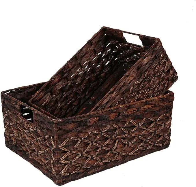 Rectangular Woven Water Hyacinth Basket,Dark Storage Basket With Inside Handle Shelves Kitchen Office Desk (Set of 2) by GreenHaven Gardens