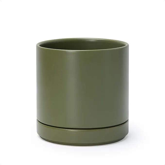 D'vine Dev 6 Inch Ceramic Planter Pot with Drainage Hole and Saucer, Indoor Cylinder Round Planter Pot, Olive, 94-O-C-J by GreenHaven Gardens