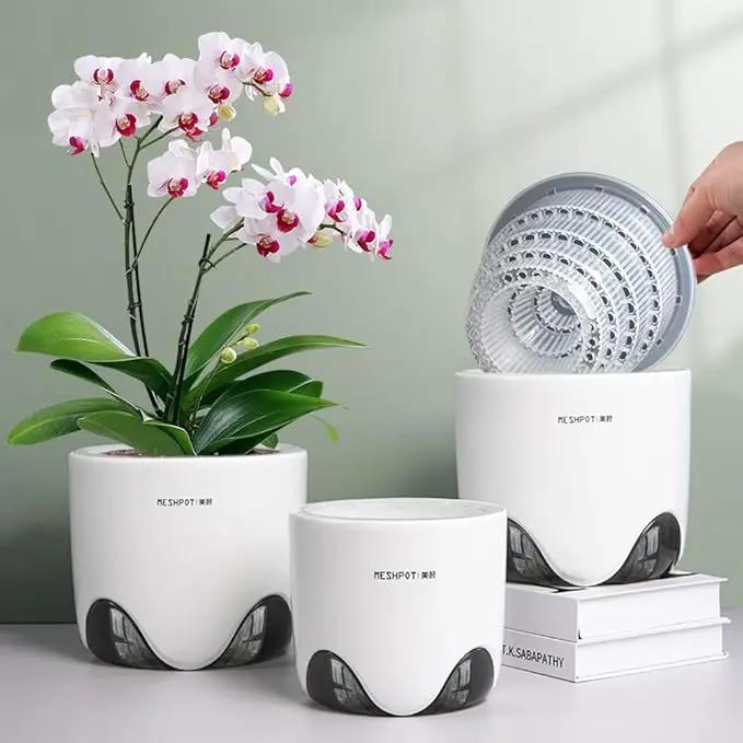 6 inch Orchid Pots with Holes for Repotting with Excellent Airflow, Set of 2, Double Layer Plastic Imitate Ceramic Orchid Planter, Clear Orchid Pot Match Decorative Orchid Container by GreenHaven Gardens