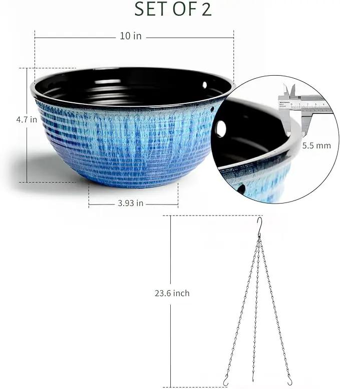 2 Pack Hanging Planters for Indoor Outdoor Plants, 10 Inch Hanging Planter with Drainage Hole & Plug Glazed Hanging Baskets Flower Pots for Garden Home (Blue Flow Glaze) by GreenHaven Gardens