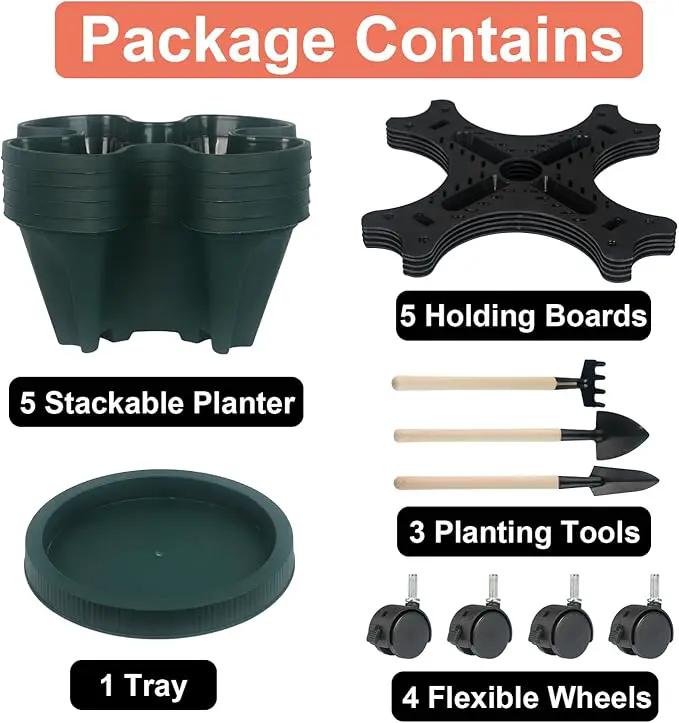 Vertical Planter 5 Tier Stackable Planters Garden Planters Strawberry Herb Flower and Vegetable Planter Indoor Outdoor Gardening Pots with Removable Wheels and Tools 2-Pack by GreenHaven Gardens