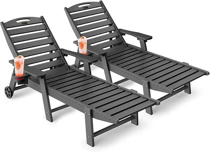 Lounge Chair Outdoor Set of 2, HDPE Chaise Lounge Outdoor with 6-Position & Wheels &Cup Holder, Pool Lounge Chair for Pool Poolside Deck Backyard Patio, Grey by GreenHaven Gardens
