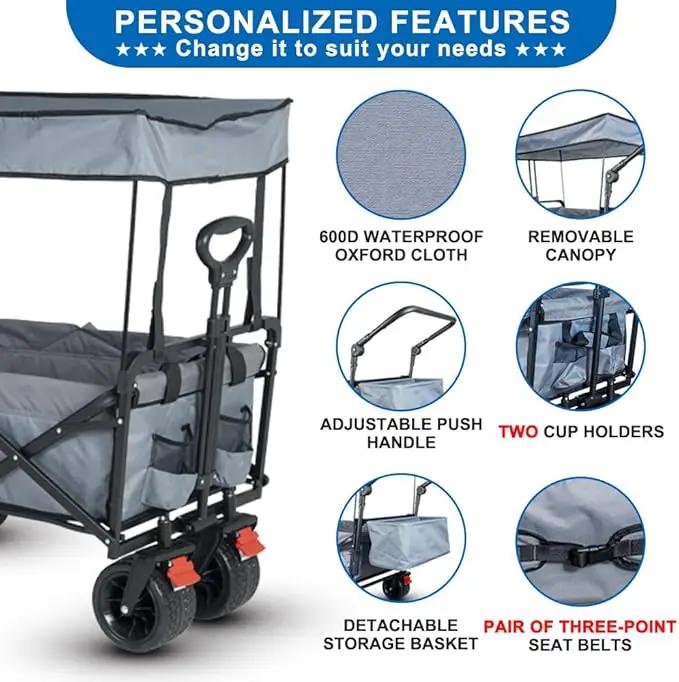SKYMANOR Collapsible Wagon with Removable Canopy, 3-in-1 Heavy Duty Garden Cart with Big All-Terrain Wheels, Brakes, Adjustable Push Pull Handle, Cooler Bag, 300LBS Wagon Cart for Camping (Grey) by GreenHaven Gardens