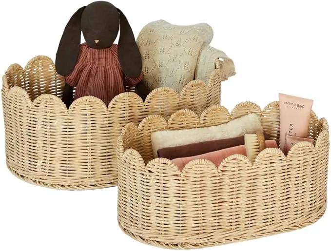 BEBE BASK Premium Scalloped Basket Set Of 2 - Scallop Basket - 16 x 10 x 7 Inch - Hand-Woven Elegant Wicker With Scalloped Edge - Nursery Storage (Natural) by GreenHaven Gardens