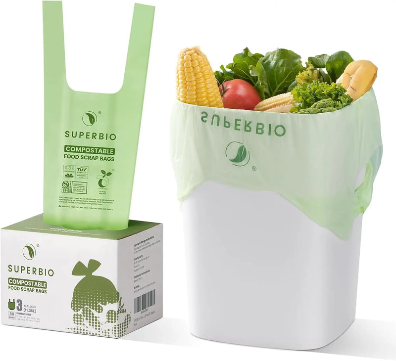 SUPERBIO 3 Gallon Compostable Food Waste Bags, 80 Count, Food Scrap Bags with Handles, ASTM D6400, BPI and OK compost INDUSTRIAL by GreenHaven Gardens