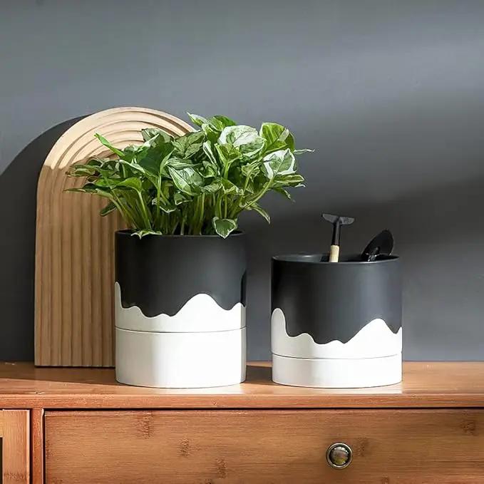 Nihow Ceramic Plant Pot: 6 Inch Planter with Drainage Hole & Saucer for Indoor & Outdoor Plants - Cylinder Round Flower Pot for Succulent/Herbs/Violets - Black & Wave White by GreenHaven Gardens