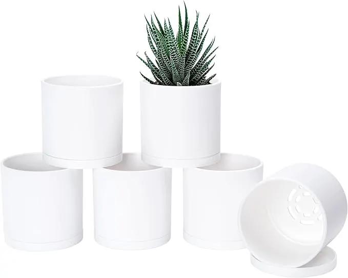 D'vine Dev 6 Pack 4.5 Inch Modern Plastic Plant Pots, Small Garden Planters for Plant with Drainage Holes and Saucers, White Color, 74-Z-F-3 by GreenHaven Gardens