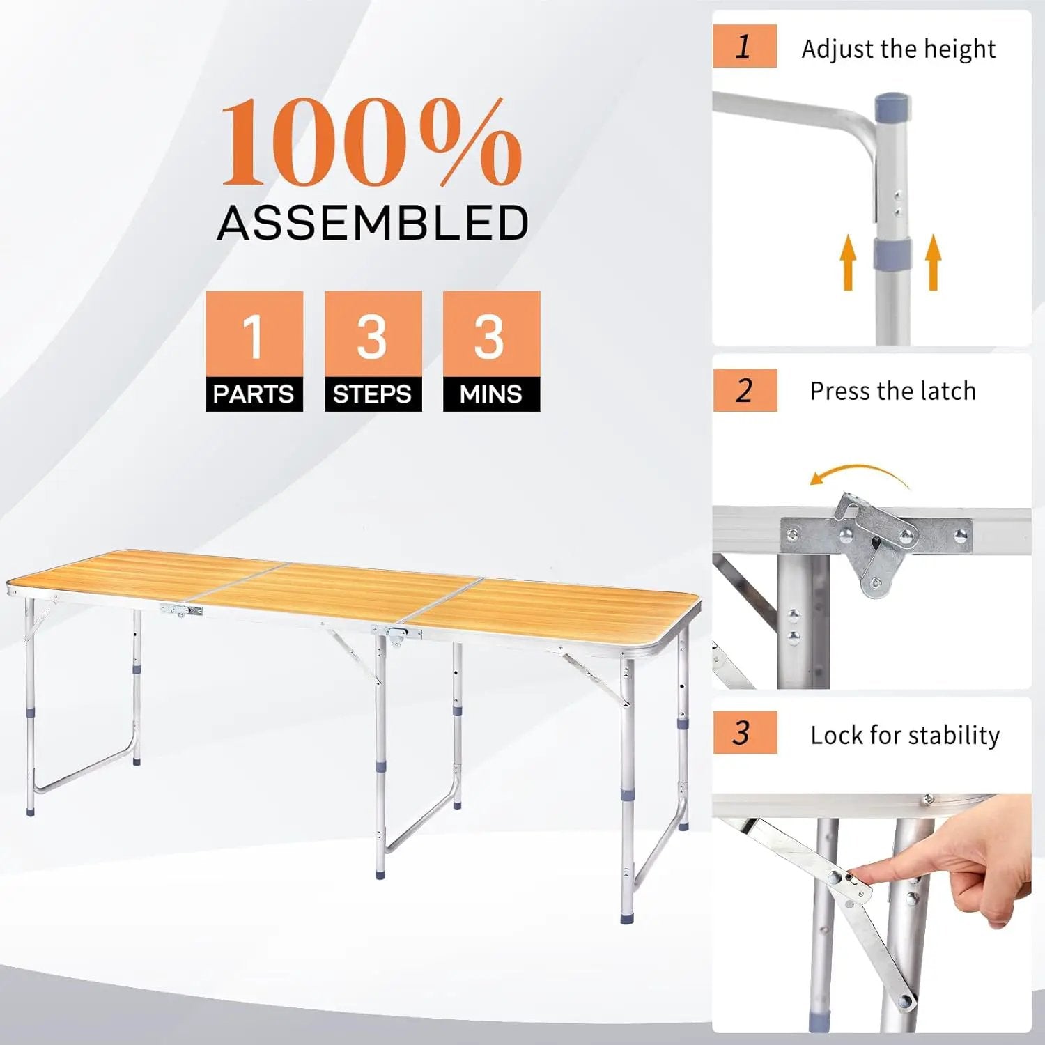 Outvita 6ft Portable Folding Camping Table, Outdoor Waterproof Adjustable Height Table, Aluminum Lightweight Suitcase Foldable Table for Picnic BBQ Beach Dining by GreenHaven Gardens