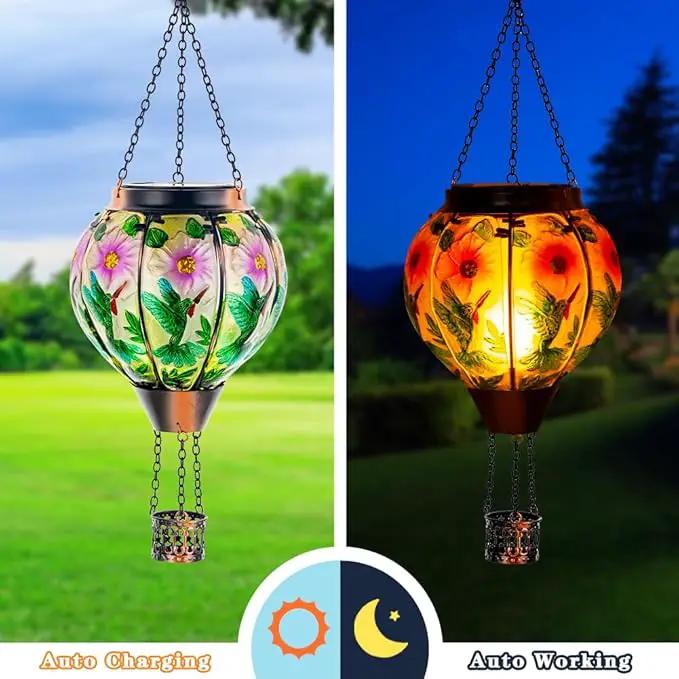 DREAMSOUL 2PCS Hummingbird Hot Air Balloon Solar Lantern, Hanging Glass Solar Lanterns Outdoor Waterproof for Garden Tree by GreenHaven Gardens