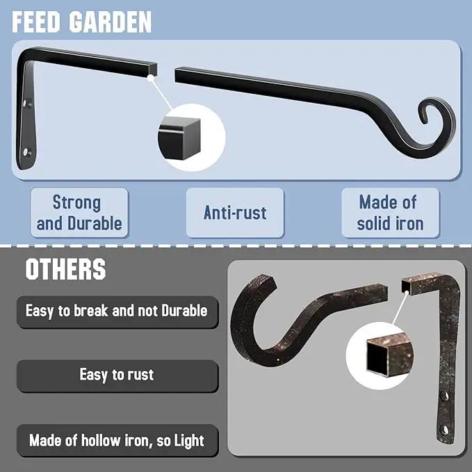FEED GARDEN 15 Inch 2 Pack Hand-Forged Hanging Plant Bracket Heavy Duty Metal Plant Hangers for Outdoor Hanging Bird Feeders Lanterns Wind Chimes Black by GreenHaven Gardens