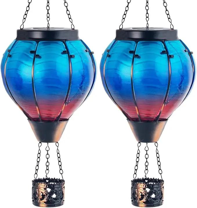 Starsoul 2 PC Blue Hot Air Balloon Solar Lantern Glass Solar Hot Air Balloon Flickering Flame Hanging Garden Light Waterproof Garden Yard Farmhouse Decor by GreenHaven Gardens