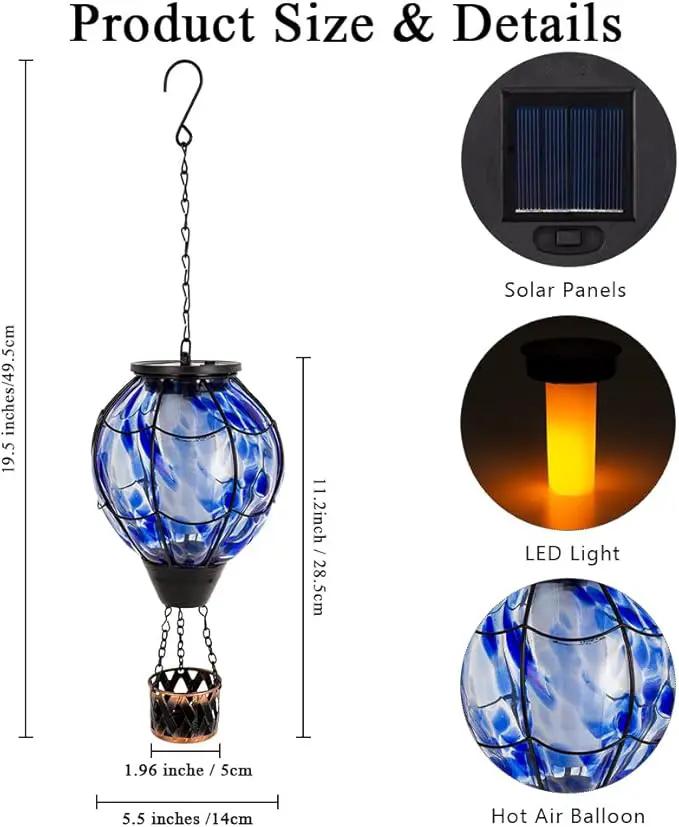 2PCS Solar Hot Air Balloon Lantern with Flickering Flame,Blue Glass Hot Air Balloon Solar Lanterns Outdoor Waterproof Hanging Decorative Light for Patio Porch Yard,Garden Gifts for Women by GreenHaven Gardens