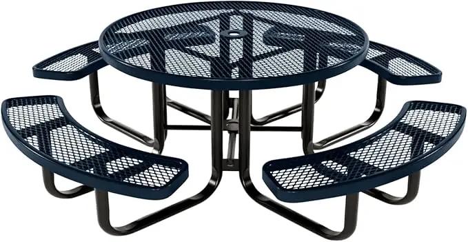 Coated Outdoor Furniture Heavy-Duty Portable Outdoor Kids Table with Umbrella Hole, Expanded Metal Kids Picnic Table, Commercial-Grade, Made in America (46 In, Round, Childrens, Dark Blue) by GreenHaven Gardens