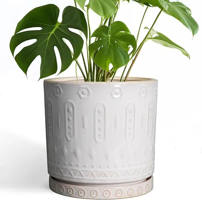 Ceramic Planter Pot - 10 Inch Plant Pot for Indoor Outdoor Plants Round Large Flower Pot with Drainage Holes and Saucer for Home Garden Patio Decor White by GreenHaven Gardens